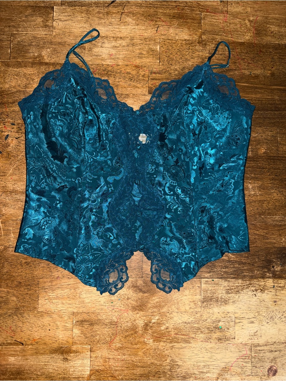 Vtg Victoria's Secret Gold Label Teal Satin Lace Cami Top M EUC